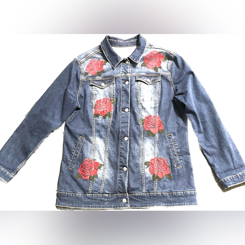 Lularoe Jaxson 2XL Embroidered Red Rose Dark Distressed Stretch Denim Hip Length